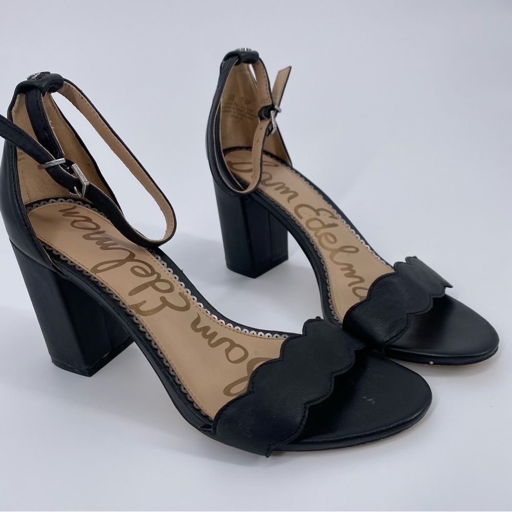 Sam Edelman Odila Scallop Block Heel Sandals – Black Leather, Size 7.5